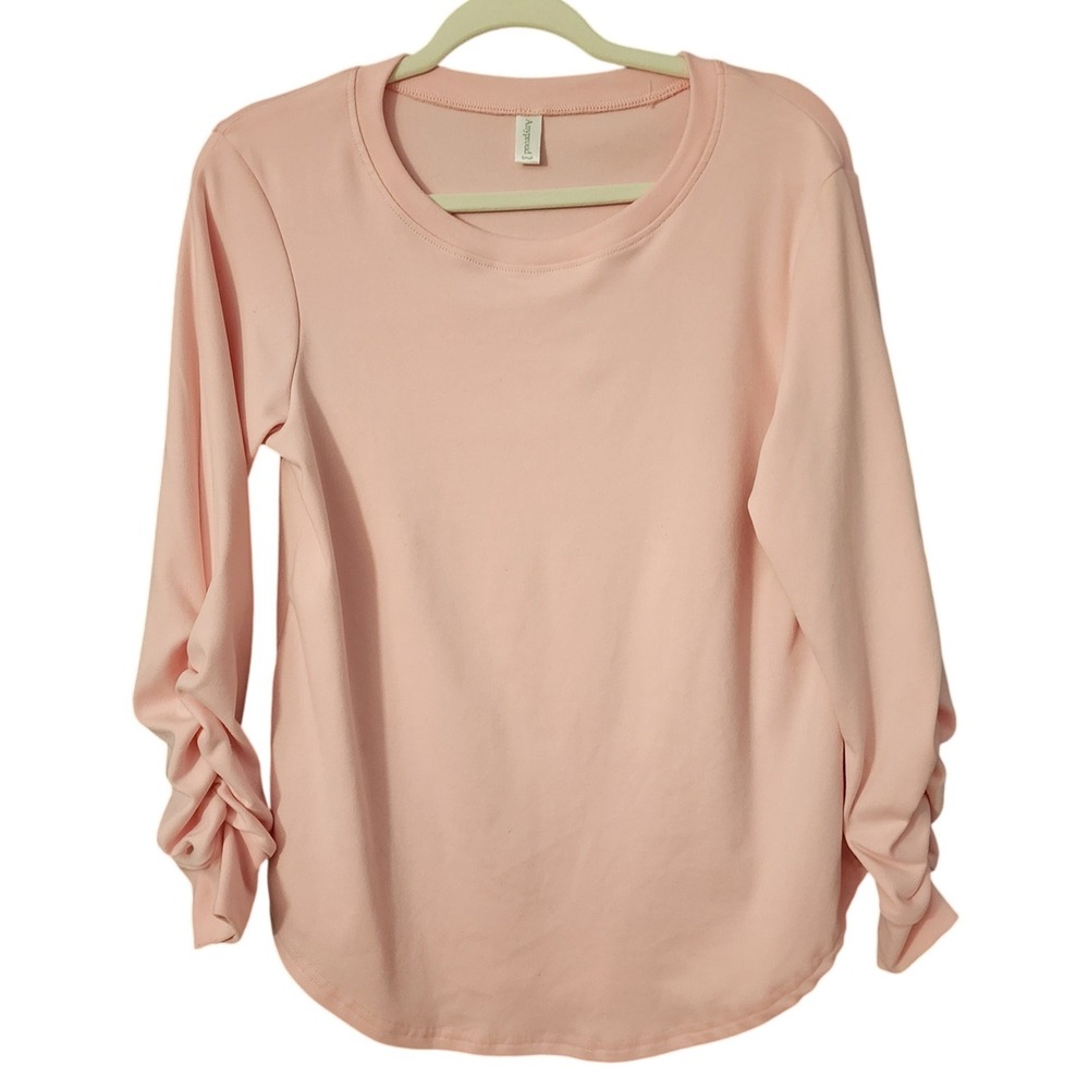 Anyproud Women Soft Long Sleeve Top Pink Ruched Cuff Crew Neck Lagenlook, Small